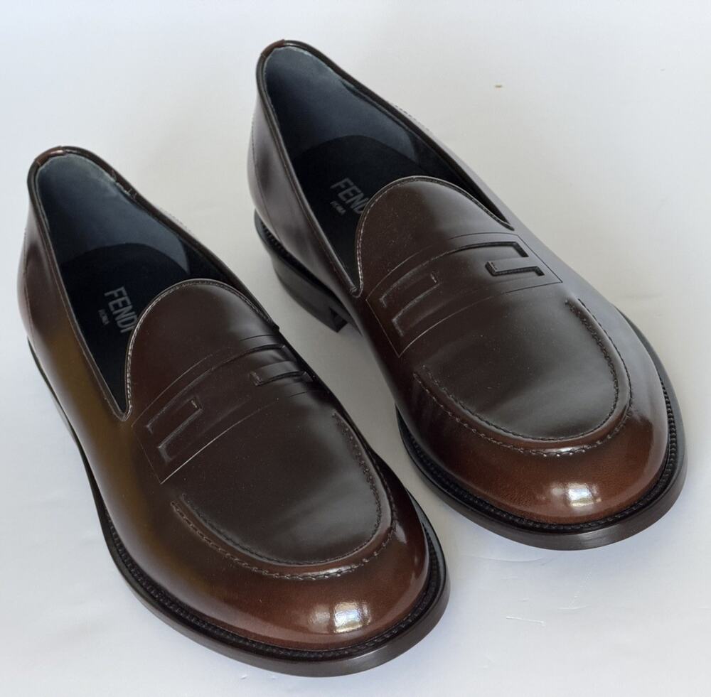Fendi FF Penny Loafers Brown Calf Leather Men 9 US (8 Fendi) 7D1645 NIB $1250